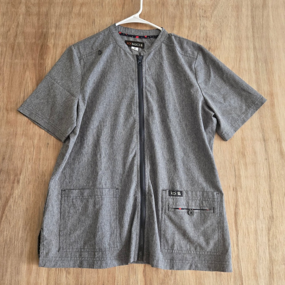 Koi Basics Womens Gray Heather Full Zip Scrub Top Size M Mandarin Collar Pocket